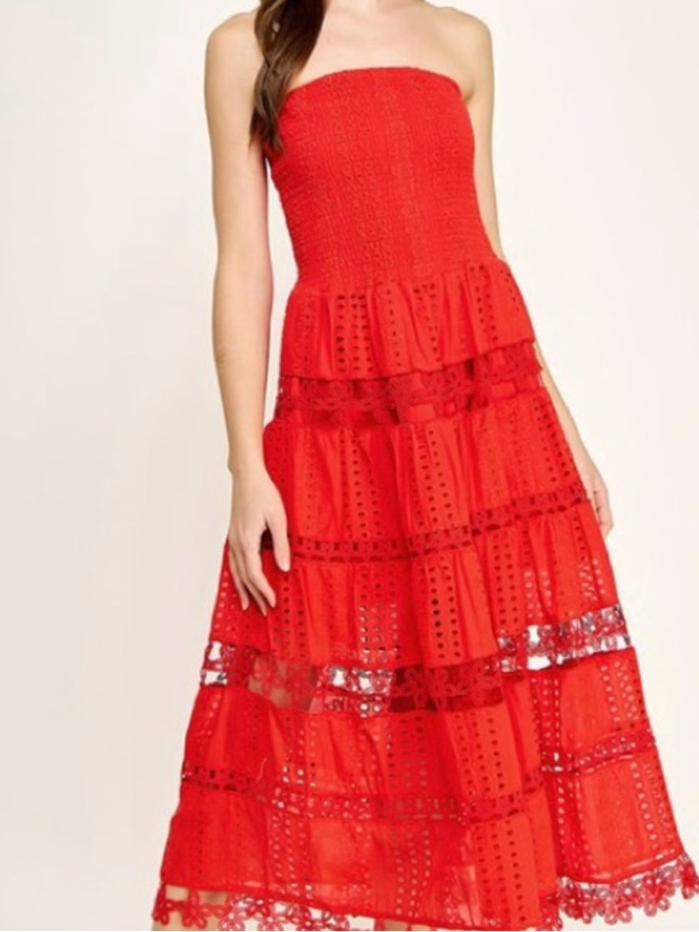 Strapless Red Tiered Midi Dress with Eyelet Detail